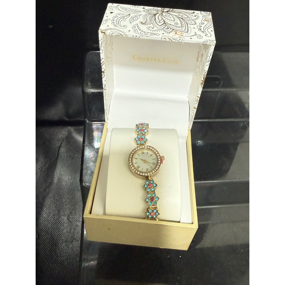Charter Club Gold Tone Floral Crystal Bracelet Watch Turquoise Pink New Box